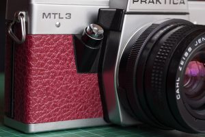 Praktica-MTL-3-SLR-film-camera-front-view-newcrisp-cut-camera-leather-Millys-Cameras Recovered Praktica MTL 3 SLR film camera front view with new crisp cut replacement camera leather. By Millys Cameras