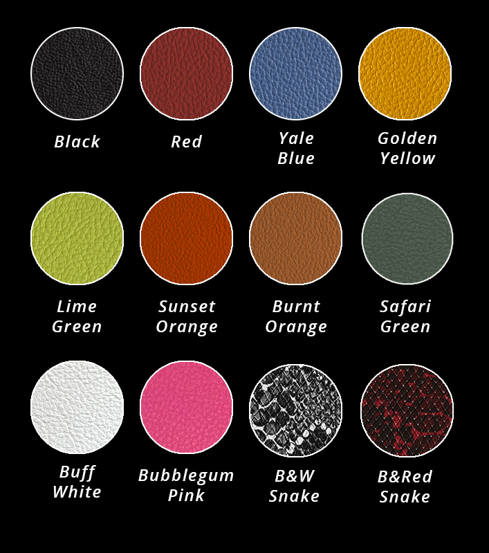Milly's Cameras - Camera Leather Available Colours 2023. Our colour chit includes black, buff white, red, yale blue, lime green, safari green, burnt orange, sunset orange, bubblegum pink, black and white snake and red and black snake.